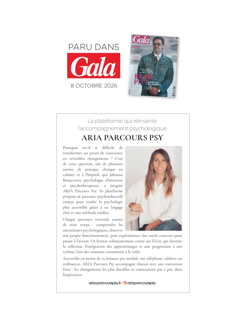 Parution dans Gala du 8 octobre 2026 : La plateforme qui réinvente l’accompagnement psychologique, Aria Parcours Psy